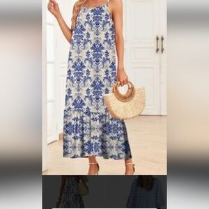 Blue and White Floral Print Maxi Dress